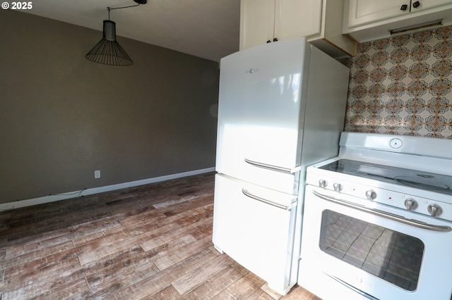 kitchen with backsplash, light hardwood / wood-style flooring, and white range with electric stovetop