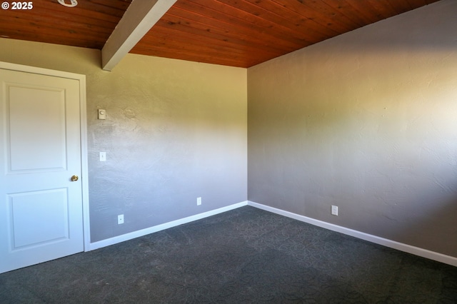 unfurnished room with vaulted ceiling with beams, dark carpet, and wooden ceiling