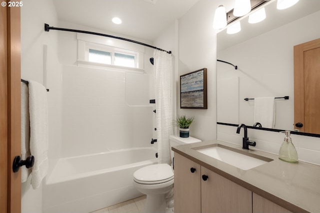 bathroom with tile patterned floors, shower / bathtub combination with curtain, toilet, and vanity