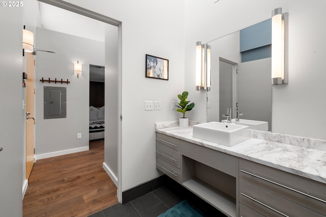 323 NW 13th Ave Unit 404, Portland, OR 97209 - bathroom with electric panel, vanity, and wood finished floors