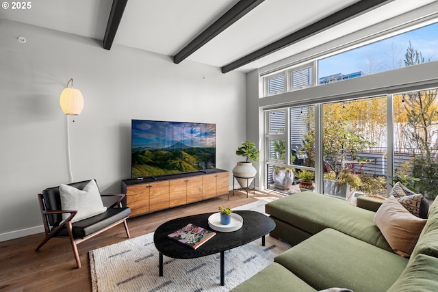 323 NW 13th Ave Unit 404, Portland, OR 97209 - living area featuring beamed ceiling and wood finished floors