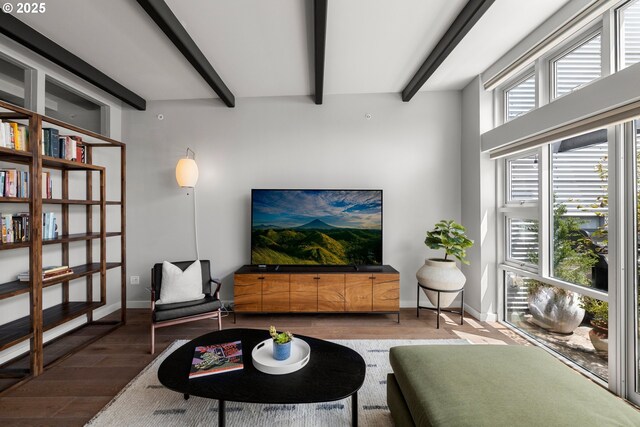 323 NW 13th Ave Unit 404, Portland, OR 97209 - living area with beamed ceiling and wood finished floors