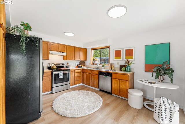 kitchen with light countertops, under cabinet range hood, light wood-style floors, and stainless steel appliances