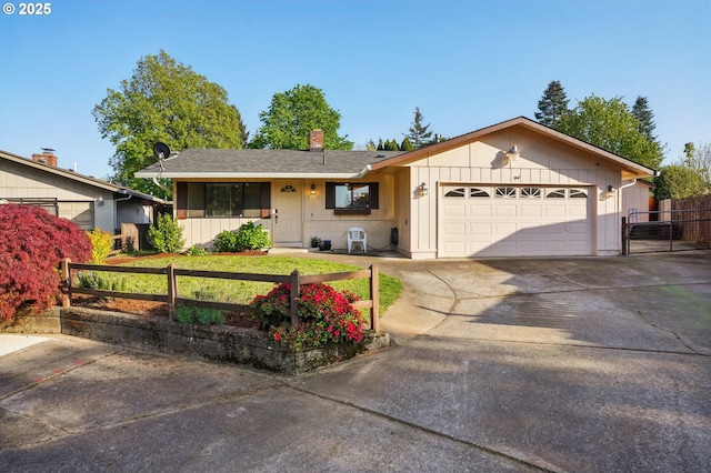 single story home with a garage, fence, a chimney, board and batten siding, and driveway