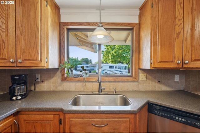 kitchen with a sink, backsplash, dishwasher, and brown cabinets
