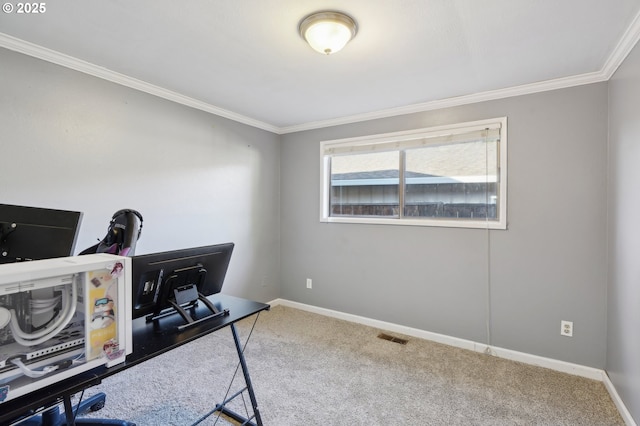 carpeted office with baseboards, ornamental molding, and visible vents