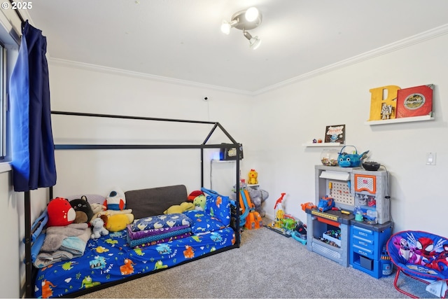 carpeted bedroom featuring ornamental molding