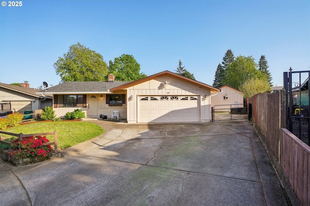 single story home featuring fence, a front lawn, a garage, a gate, and driveway