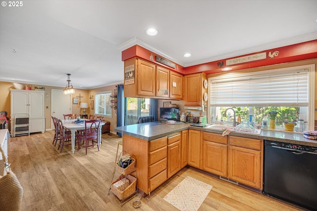 20685 SW Siletz Ct, Tualatin, OR 97062 - kitchen featuring dishwasher, ornamental molding, a sink, healthy amount of natural light, and light wood-style flooring