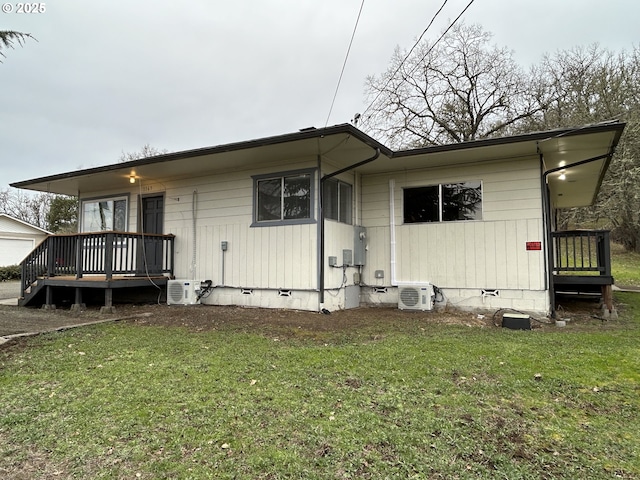 view of front of home with ac unit, crawl space, a front yard, and a wooden deck