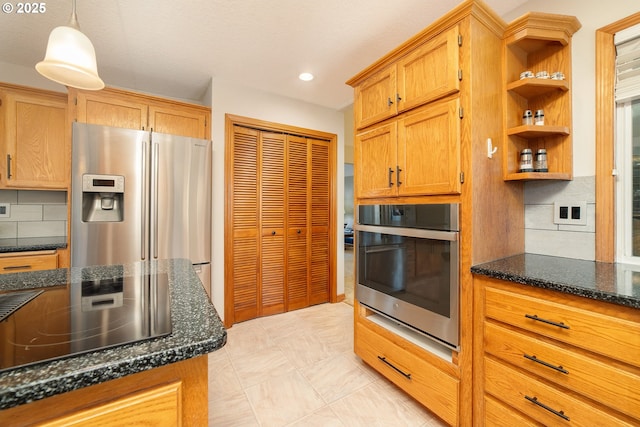 12015 SE Regal Ct, Clackamas, OR 97015 - kitchen featuring stainless steel appliances, tasteful backsplash, open shelves, dark stone counters, and pendant lighting