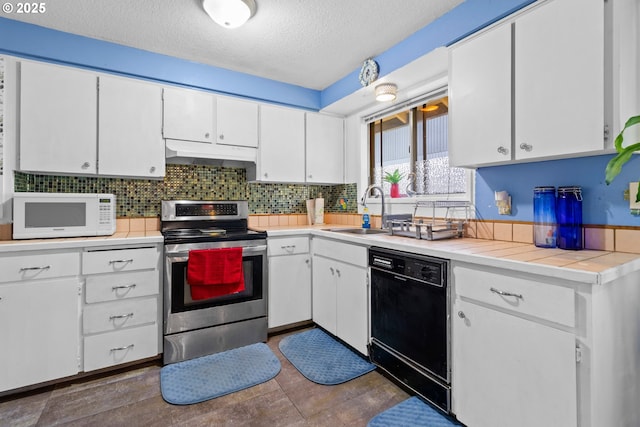 kitchen with a textured ceiling, white cabinets, black dishwasher, electric stove, and sink