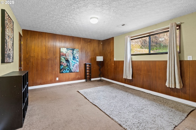 carpeted spare room with a textured ceiling and wooden walls