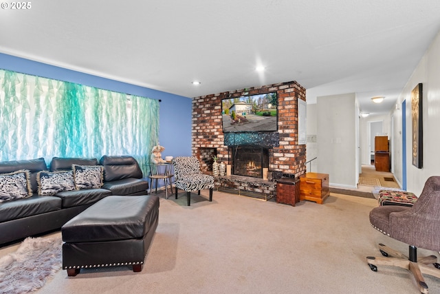 carpeted living room featuring a fireplace