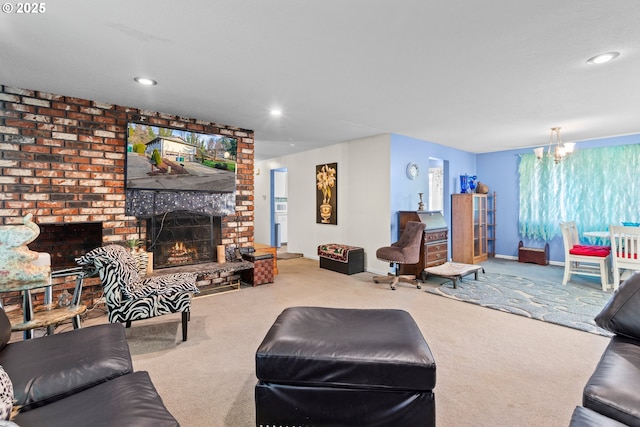 carpeted living room featuring a chandelier and a fireplace