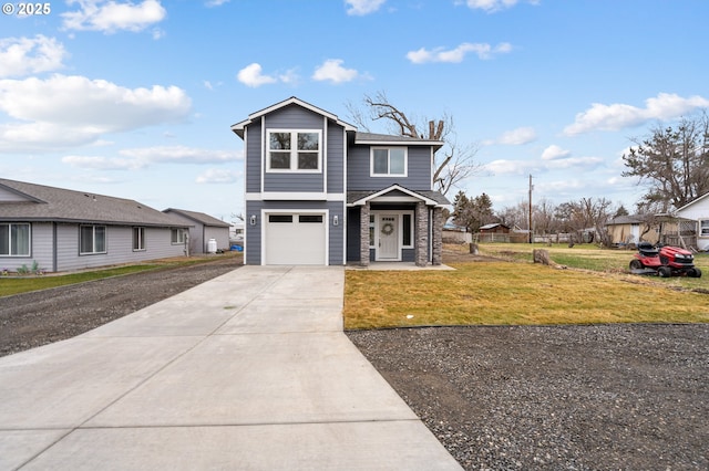 front facade with a garage and a front yard