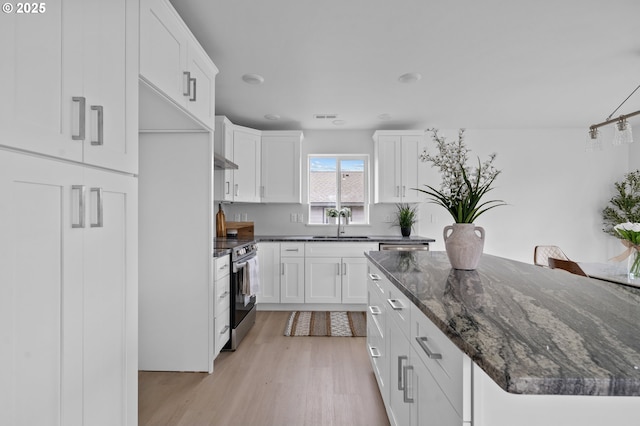 kitchen with sink, dark stone countertops, light hardwood / wood-style floors, white cabinets, and stainless steel range with electric cooktop