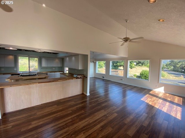 kitchen featuring open floor plan, dark wood finished floors, a ceiling fan, recessed lighting, and high vaulted ceiling