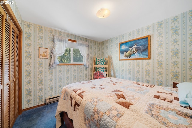 carpeted bedroom featuring a closet, a baseboard radiator, and wallpapered walls