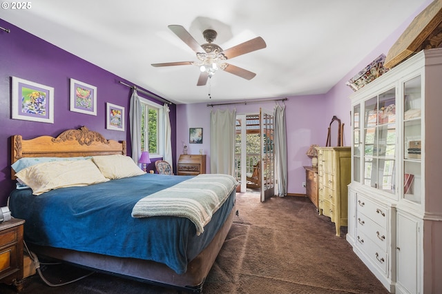 bedroom with dark carpet, ceiling fan, and access to outside