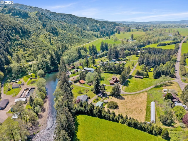 birds eye view of property with a water and mountain view
