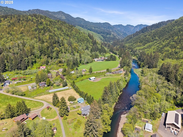aerial view featuring a water and mountain view and a wooded view