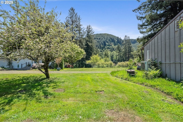 view of yard featuring central air condition unit and a mountain view