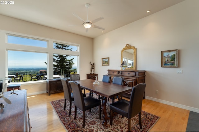 20700 SE Cherry Blossom Ln, Amity, OR 97101 - dining room featuring a ceiling fan, light wood-style flooring, and recessed lighting