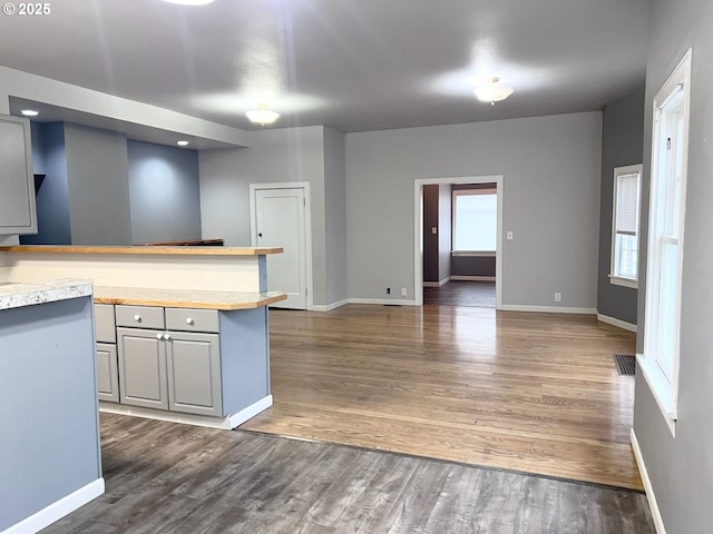 315 N Gale St, Heppner, OR 97836 - kitchen with plenty of natural light, dark wood-style floors, a peninsula, and gray cabinets