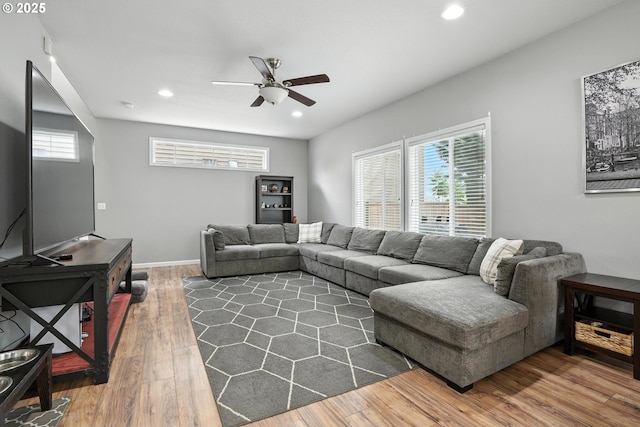 2137 N Q St, Washougal, WA 98671 - living area featuring a ceiling fan, plenty of natural light, wood finished floors, and recessed lighting