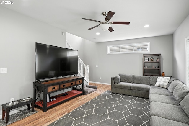 2137 N Q St, Washougal, WA 98671 - living area featuring stairway, wood finished floors, ceiling fan, and recessed lighting