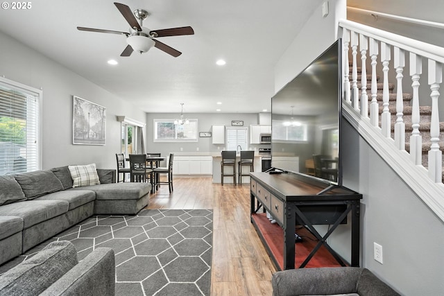 2137 N Q St, Washougal, WA 98671 - living area with wood-type flooring, a ceiling fan, and recessed lighting