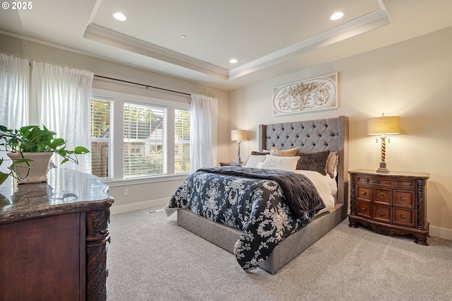 12339 SW Waterford Loop, Wilsonville, OR 97070 - bedroom with ornamental molding, carpet, baseboards, a tray ceiling, and recessed lighting