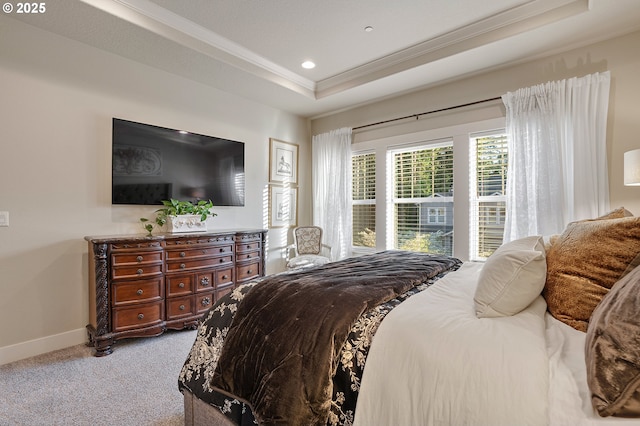 12339 SW Waterford Loop, Wilsonville, OR 97070 - bedroom featuring carpet flooring, crown molding, baseboards, a tray ceiling, and recessed lighting