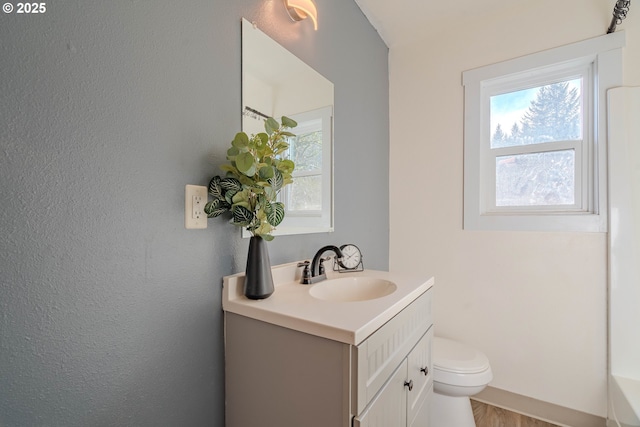 bathroom with wood-type flooring, vanity, and toilet