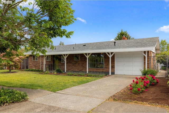ranch-style home with a garage, brick siding, concrete driveway, and a shingled roof