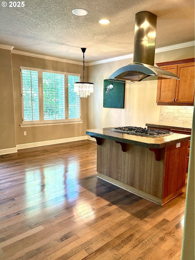 2107 NW Village Cir, Portland, OR 97229 - kitchen featuring island range hood, stainless steel gas cooktop, ornamental molding, dark wood-type flooring, and a textured ceiling