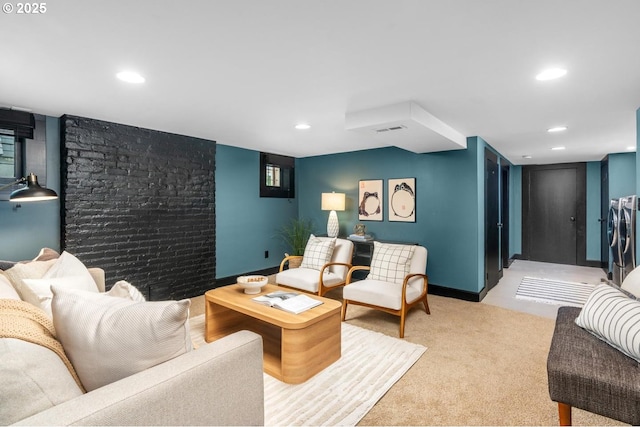 2517 NE 21st Ave, Portland, OR 97212 - living room featuring recessed lighting, light carpet, and washer / clothes dryer