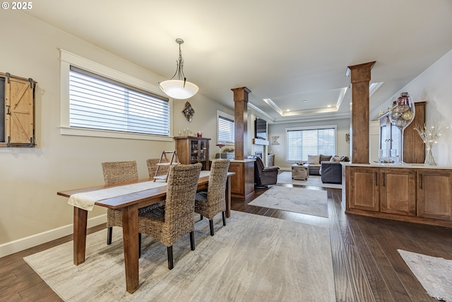 dining area with baseboards, a tray ceiling, wood finished floors, and ornate columns