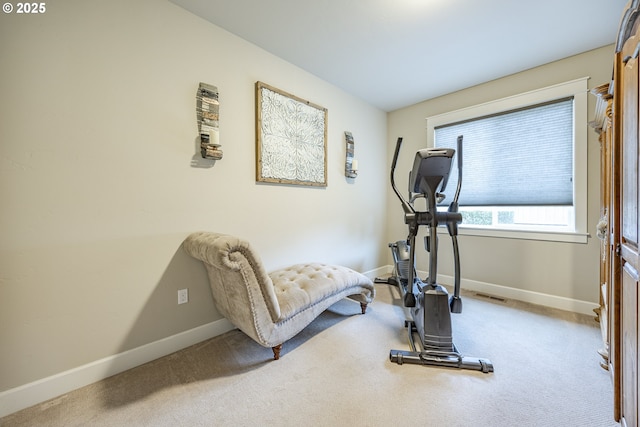 exercise room featuring visible vents, baseboards, and carpet flooring