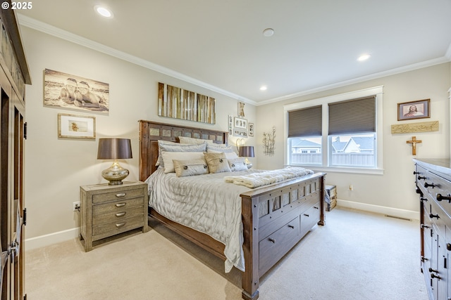 bedroom featuring recessed lighting, light colored carpet, visible vents, baseboards, and crown molding