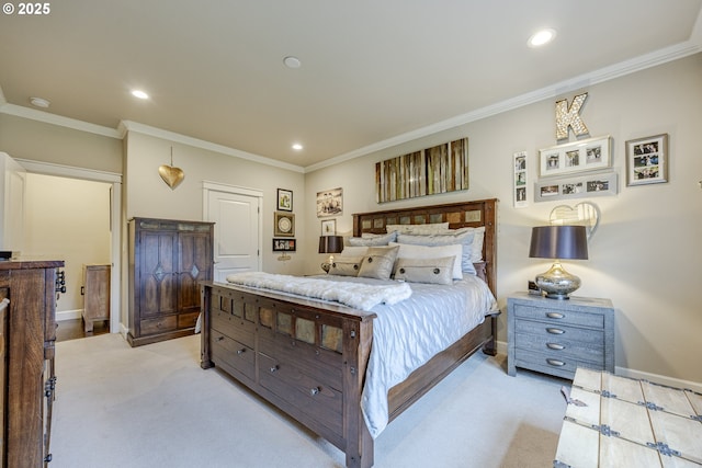 bedroom with light carpet, baseboards, and crown molding