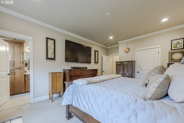 bedroom featuring ornamental molding, recessed lighting, light carpet, and baseboards