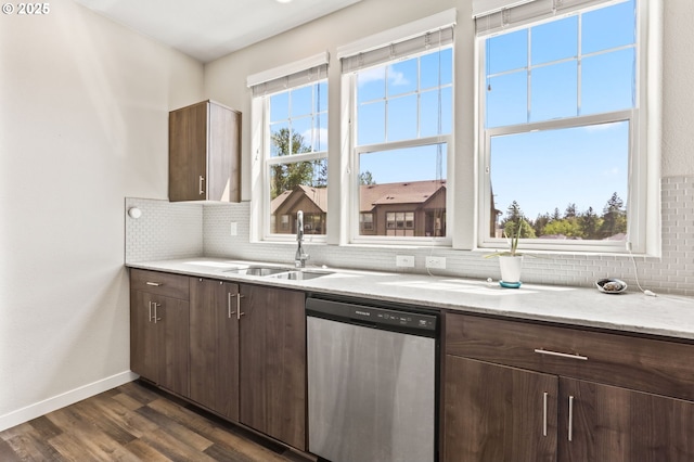 17182 SW Appledale Rd Unit 302, Beaverton, OR 97007 - kitchen featuring dishwasher, decorative backsplash, dark wood-style floors, and dark brown cabinetry