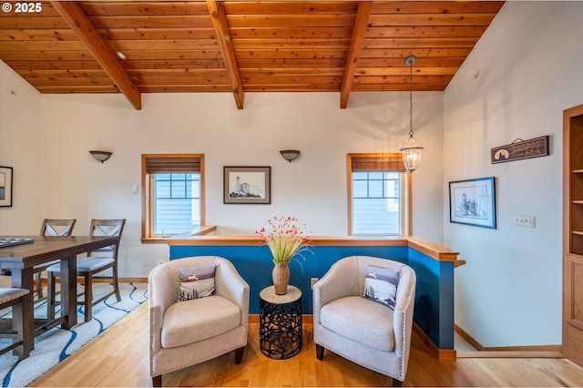 1323 Village Loop, Bandon, OR 97411 - living area featuring wood ceiling, wood finished floors, and plenty of natural light