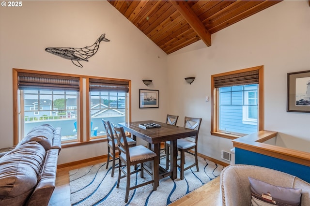 1323 Village Loop, Bandon, OR 97411 - dining room with wood finished floors, a wood ceiling with exposed beams, and high vaulted ceiling