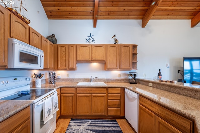 1323 Village Loop, Bandon, OR 97411 - kitchen with white appliances, wooden ceiling, light wood-style floors, open shelves, and light stone countertops