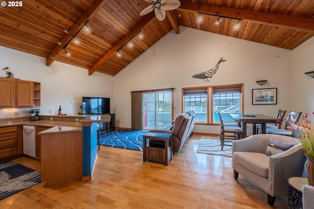 1323 Village Loop, Bandon, OR 97411 - kitchen featuring open floor plan, a wooden ceiling with exposed beams, light wood-type flooring, rail lighting, and open shelves