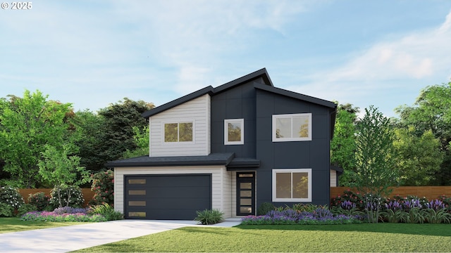 modern home featuring fence, a front lawn, an attached garage, board and batten siding, and driveway