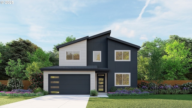 contemporary home featuring a garage, driveway, a front lawn, and fence